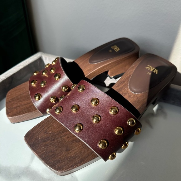 Zara Brown Studded Wooden Base Sandals Women’s Size 5 - Picture 5 of 9